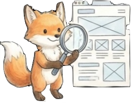 虫眼鏡でWebサイトを優しくチェックするキツネのイラスト